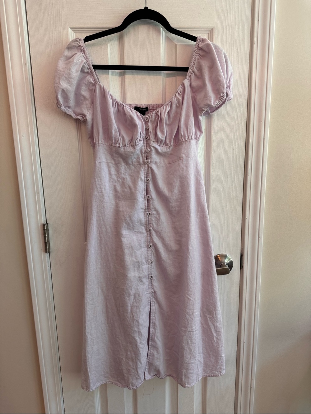 Lilac Linen Blend Puff Sleeve Button Front Midi Dress Size Small